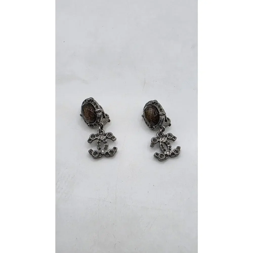 Chanel Resin Strass Silver-tone Interlocking CC Clip On Drop Earrings